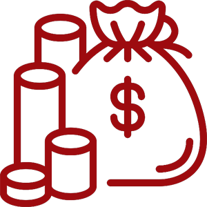 A red outline illustration of a money bag with a dollar sign and several stacks of coins beside it.