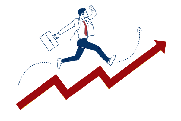 person in business attire holding a briefcase and leaping upward over a rising red arrow, symbolizing business growth or success.